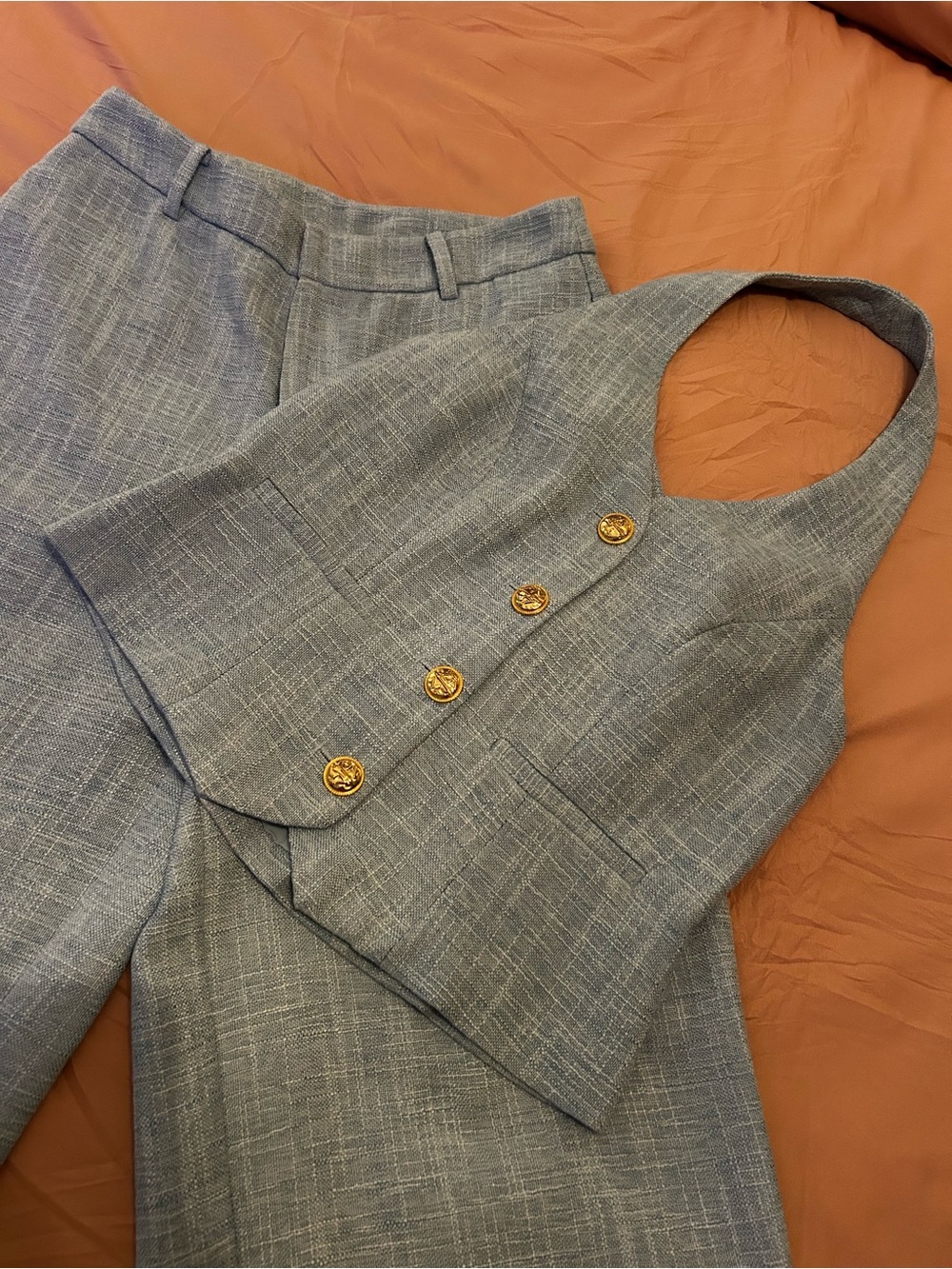 Commense Light Blue Textured Vest and Pants Set with Gold Buttons. Size M. - Picture 2 of 16